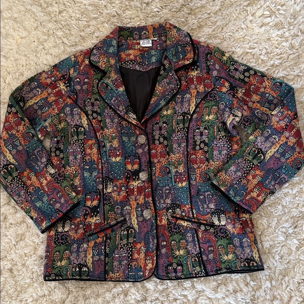 Parsley & Sage Multicolor Quilted Jacket with Cat Pattern tapestry beaded XL